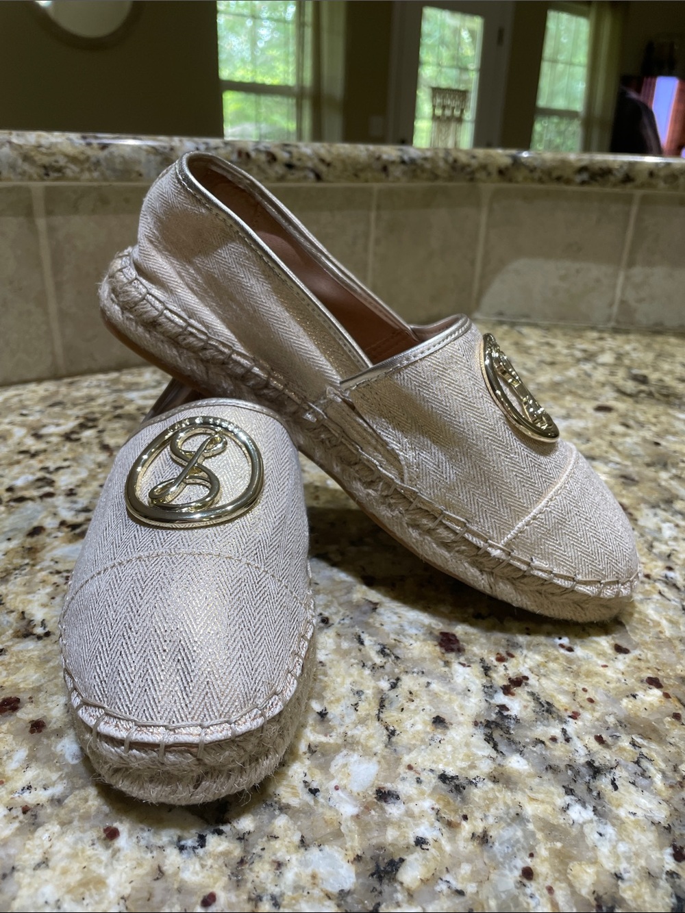 Sam & Libby Shimmery Beige Espadrille Loafers with Gold Logo Medallion Size 8